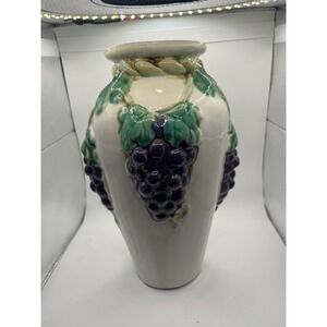Vintage Ceramic Grape Cluster Vase Cream Green Purple Elegant Home Decor